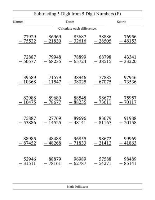 The 5-Digit Minus 5-Digit Subtraction with NO Regrouping (F) Math Worksheet