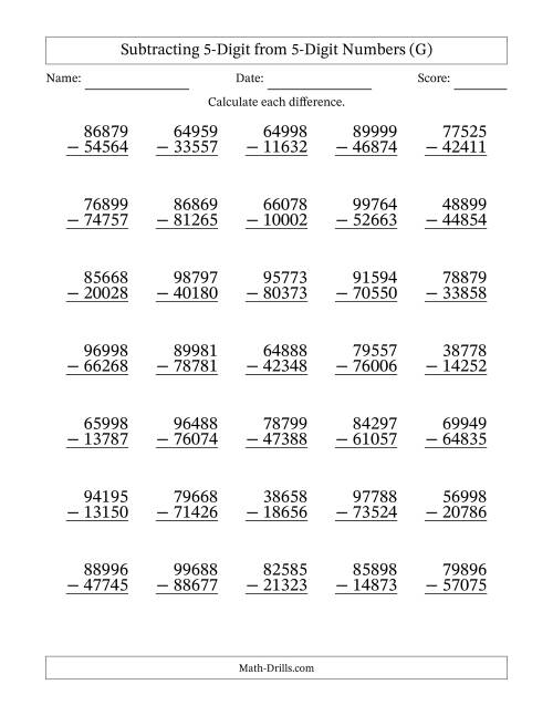 The Subtracting 5-Digit from 5-Digit Numbers With No Regrouping (35 Questions) (G) Math Worksheet