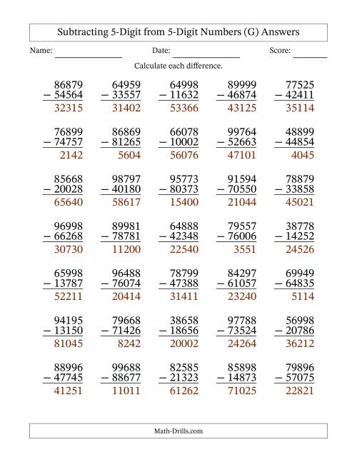 The Subtracting 5-Digit from 5-Digit Numbers With No Regrouping (35 Questions) (G) Math Worksheet Page 2