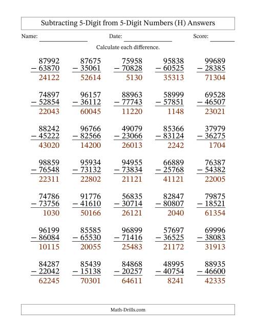 The Subtracting 5-Digit from 5-Digit Numbers With No Regrouping (35 Questions) (H) Math Worksheet Page 2