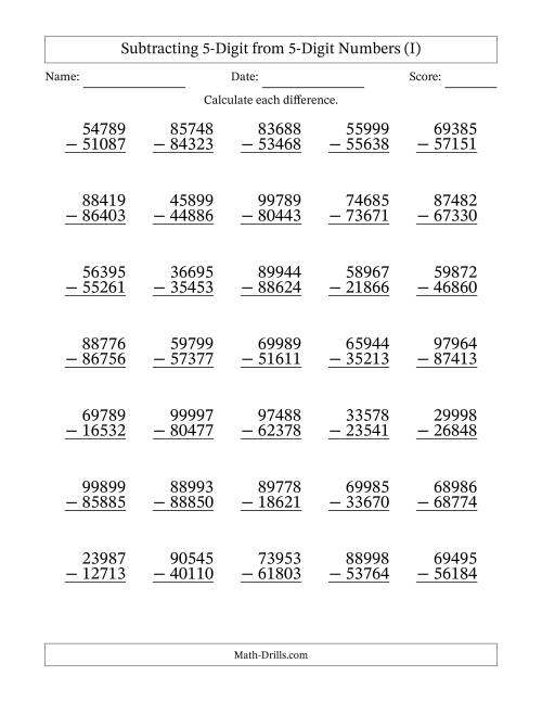 The 5-Digit Minus 5-Digit Subtraction with NO Regrouping (I) Math Worksheet