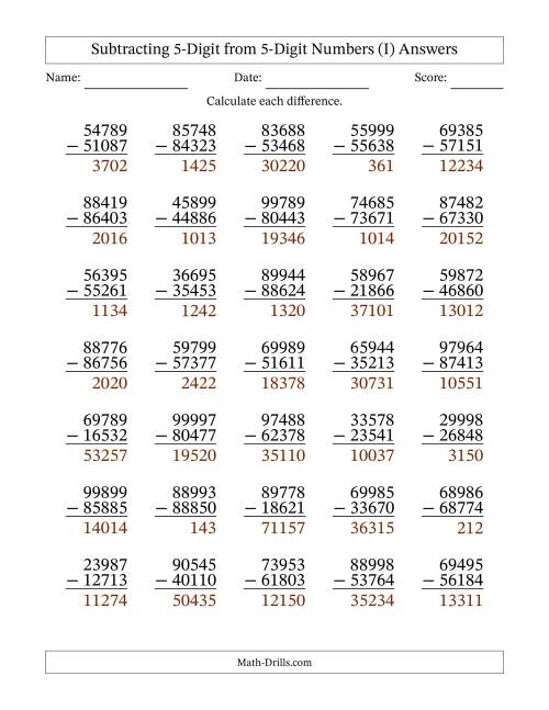 The 5-Digit Minus 5-Digit Subtraction with NO Regrouping (I) Math Worksheet Page 2