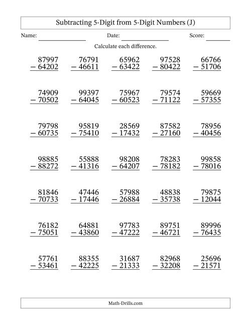 The 5-Digit Minus 5-Digit Subtraction with NO Regrouping (J) Math Worksheet