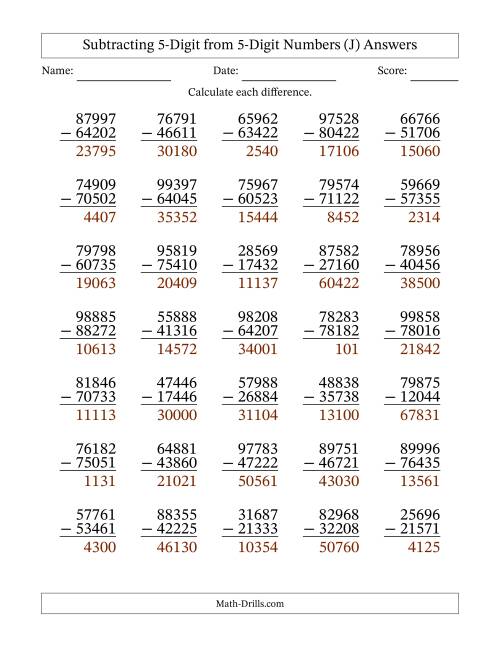 The Subtracting 5-Digit from 5-Digit Numbers With No Regrouping (35 Questions) (J) Math Worksheet Page 2