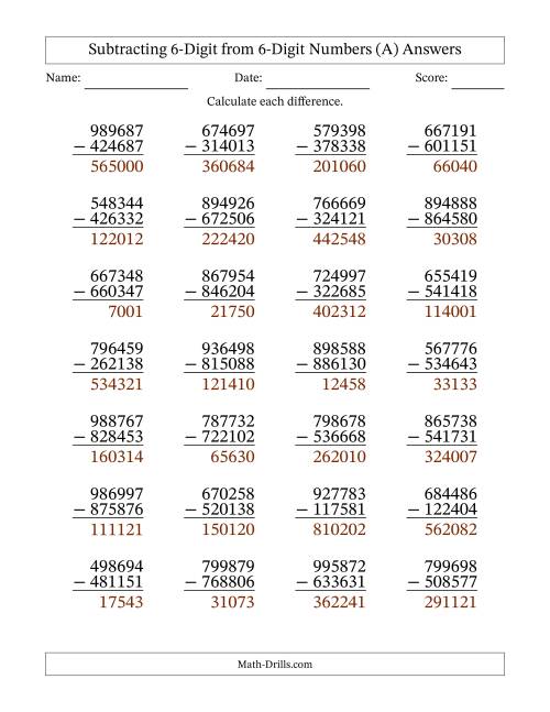 The 6-Digit Minus 6-Digit Subtraction with NO Regrouping (A) Math Worksheet Page 2