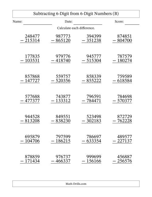 The 6-Digit Minus 6-Digit Subtraction with NO Regrouping (B) Math Worksheet