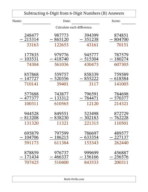 The 6-Digit Minus 6-Digit Subtraction with NO Regrouping (B) Math Worksheet Page 2
