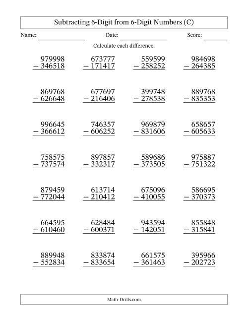 The 6-Digit Minus 6-Digit Subtraction with NO Regrouping (C) Math Worksheet
