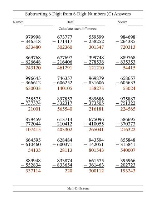 The 6-Digit Minus 6-Digit Subtraction with NO Regrouping (C) Math Worksheet Page 2