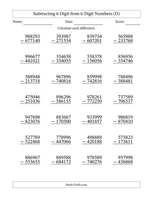 The 6-Digit Minus 6-Digit Subtraction with NO Regrouping (D) Math Worksheet