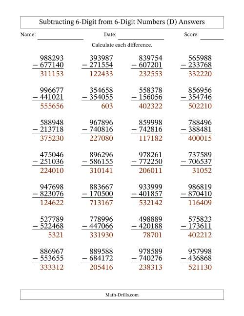 The 6-Digit Minus 6-Digit Subtraction with NO Regrouping (D) Math Worksheet Page 2