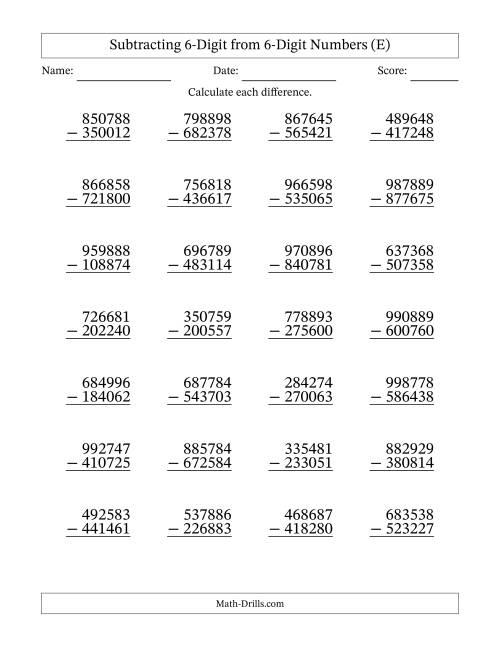 The 6-Digit Minus 6-Digit Subtraction with NO Regrouping (E) Math Worksheet