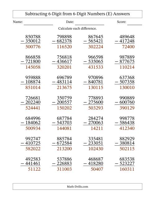 The 6-Digit Minus 6-Digit Subtraction with NO Regrouping (E) Math Worksheet Page 2