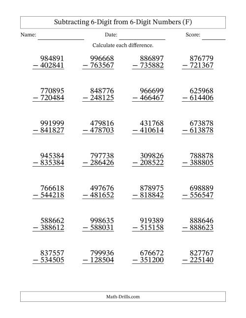 The Subtracting 6-Digit from 6-Digit Numbers With No Regrouping (28 Questions) (F) Math Worksheet