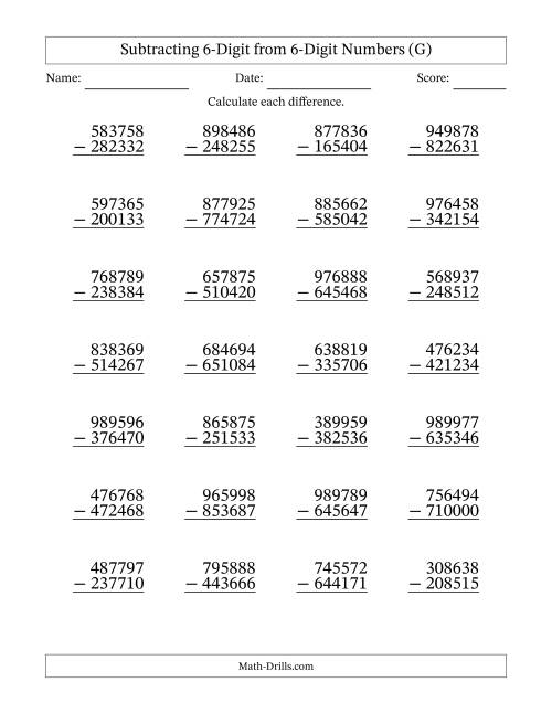 The 6-Digit Minus 6-Digit Subtraction with NO Regrouping (G) Math Worksheet