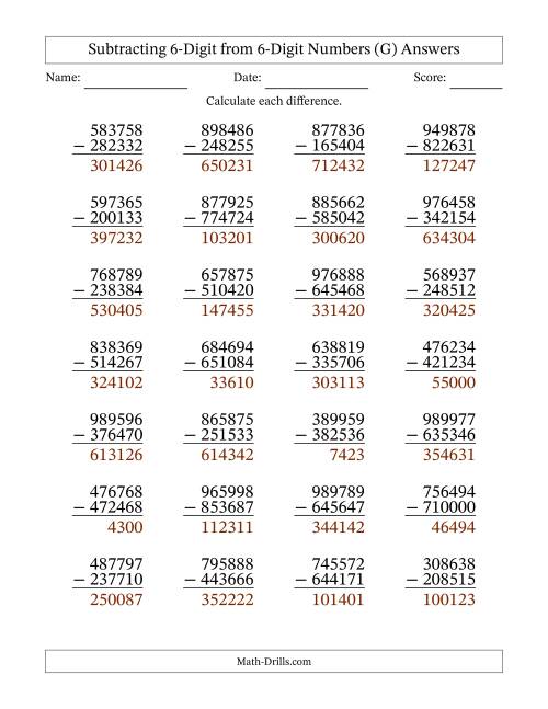The Subtracting 6-Digit from 6-Digit Numbers With No Regrouping (28 Questions) (G) Math Worksheet Page 2