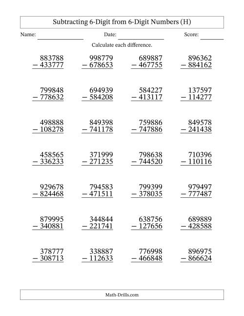 The 6-Digit Minus 6-Digit Subtraction with NO Regrouping (H) Math Worksheet