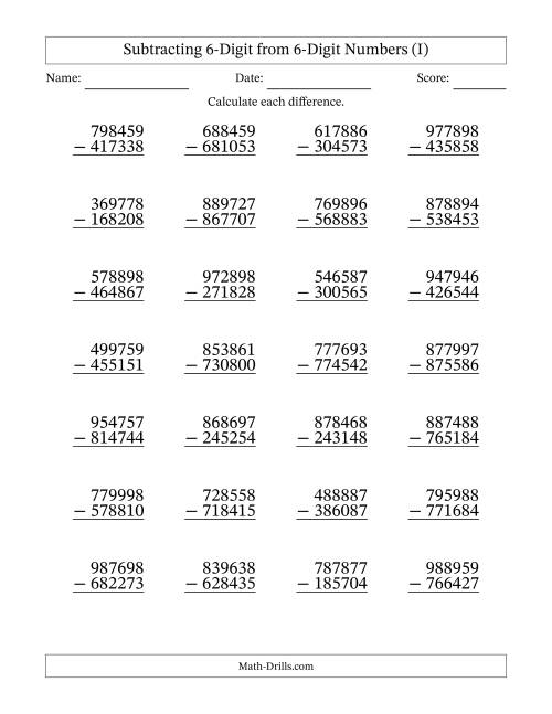 The 6-Digit Minus 6-Digit Subtraction with NO Regrouping (I) Math Worksheet