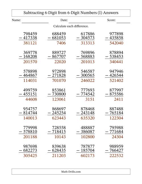 The 6-Digit Minus 6-Digit Subtraction with NO Regrouping (I) Math Worksheet Page 2