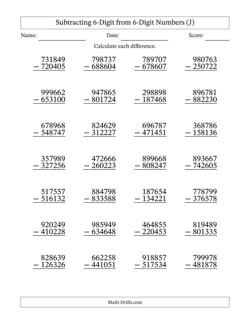 The Subtracting 6-Digit from 6-Digit Numbers With No Regrouping (28 Questions) (J) Math Worksheet