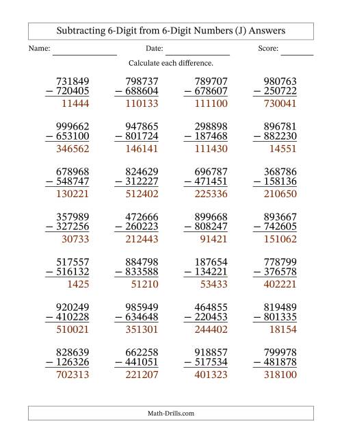 The Subtracting 6-Digit from 6-Digit Numbers With No Regrouping (28 Questions) (J) Math Worksheet Page 2