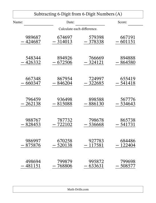 The 6-Digit Minus 6-Digit Subtraction with NO Regrouping (All) Math Worksheet