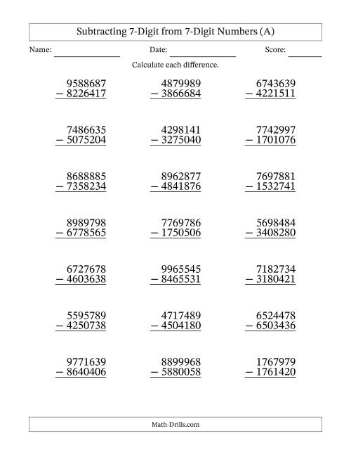 The 7-Digit Minus 7-Digit Subtraction with NO Regrouping (A) Math Worksheet