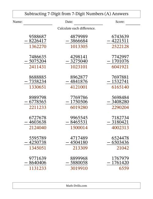 The 7-Digit Minus 7-Digit Subtraction with NO Regrouping (A) Math Worksheet Page 2
