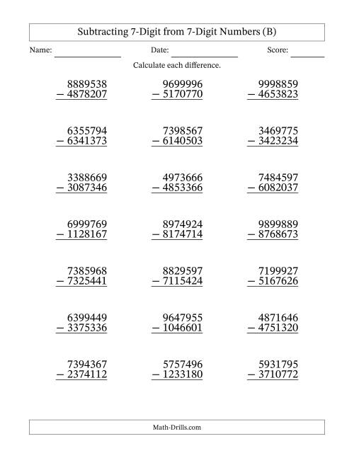 The Subtracting 7-Digit from 7-Digit Numbers With No Regrouping (21 Questions) (B) Math Worksheet