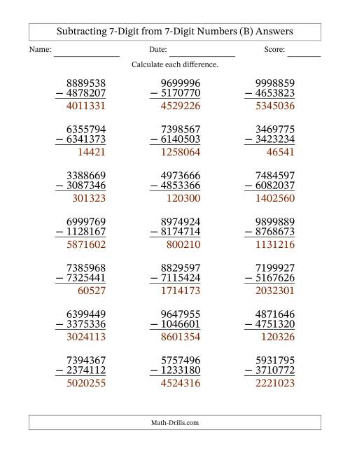 The Subtracting 7-Digit from 7-Digit Numbers With No Regrouping (21 Questions) (B) Math Worksheet Page 2