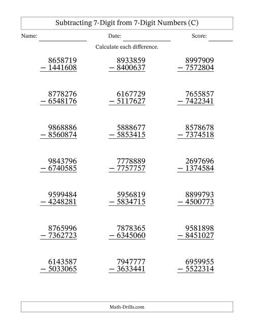 The Subtracting 7-Digit from 7-Digit Numbers With No Regrouping (21 Questions) (C) Math Worksheet