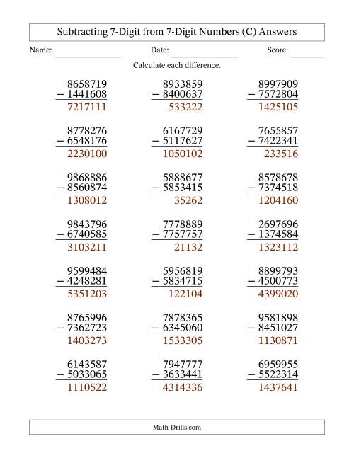 The Subtracting 7-Digit from 7-Digit Numbers With No Regrouping (21 Questions) (C) Math Worksheet Page 2
