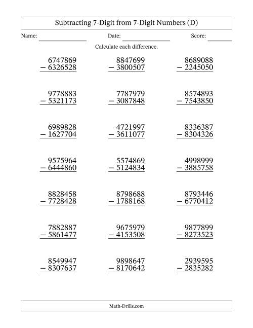 The Subtracting 7-Digit from 7-Digit Numbers With No Regrouping (21 Questions) (D) Math Worksheet