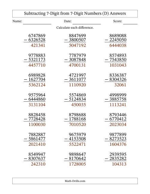 The Subtracting 7-Digit from 7-Digit Numbers With No Regrouping (21 Questions) (D) Math Worksheet Page 2