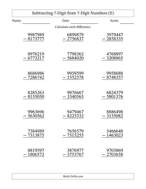The Subtracting 7-Digit from 7-Digit Numbers With No Regrouping (21 Questions) (E) Math Worksheet