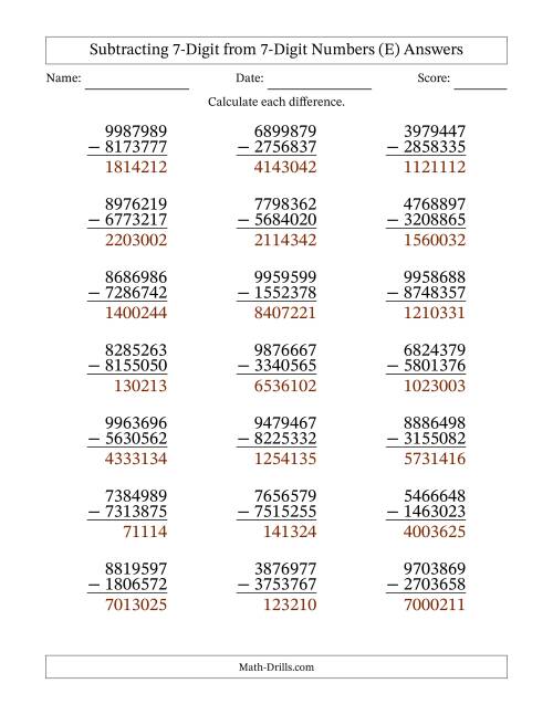 The Subtracting 7-Digit from 7-Digit Numbers With No Regrouping (21 Questions) (E) Math Worksheet Page 2