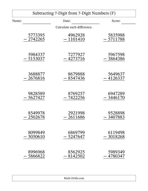 The Subtracting 7-Digit from 7-Digit Numbers With No Regrouping (21 Questions) (F) Math Worksheet