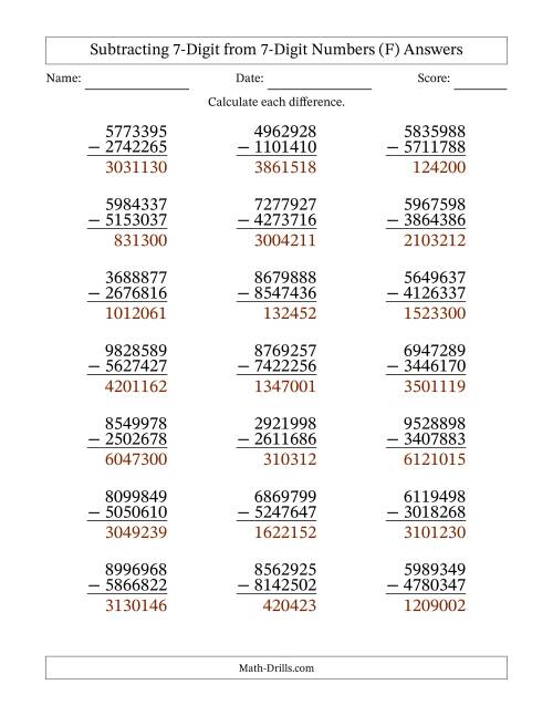 The Subtracting 7-Digit from 7-Digit Numbers With No Regrouping (21 Questions) (F) Math Worksheet Page 2