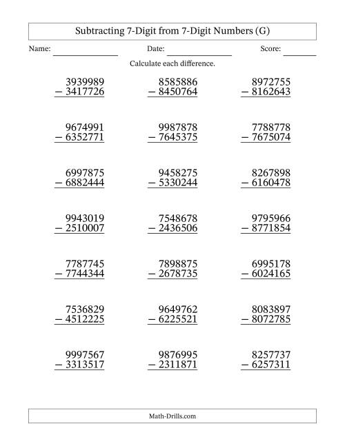 The Subtracting 7-Digit from 7-Digit Numbers With No Regrouping (21 Questions) (G) Math Worksheet