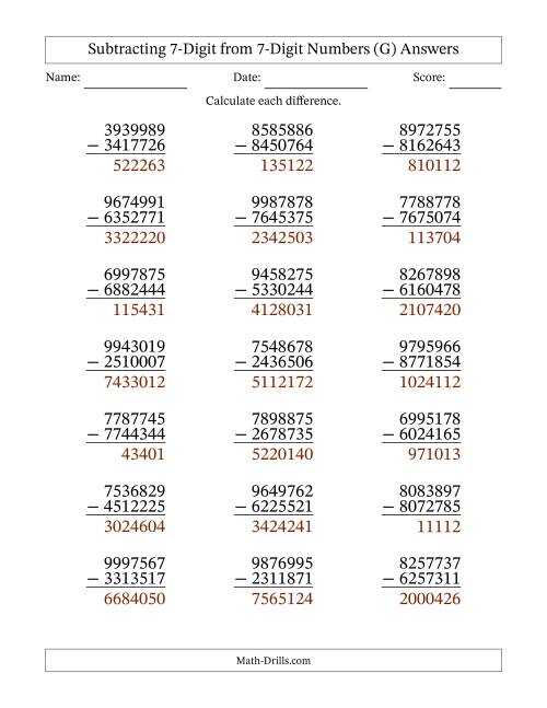 The Subtracting 7-Digit from 7-Digit Numbers With No Regrouping (21 Questions) (G) Math Worksheet Page 2