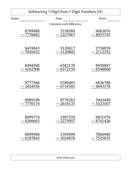 The Subtracting 7-Digit from 7-Digit Numbers With No Regrouping (21 Questions) (H) Math Worksheet