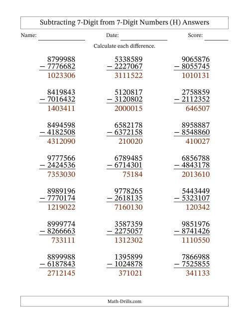 The Subtracting 7-Digit from 7-Digit Numbers With No Regrouping (21 Questions) (H) Math Worksheet Page 2