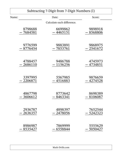 The Subtracting 7-Digit from 7-Digit Numbers With No Regrouping (21 Questions) (I) Math Worksheet