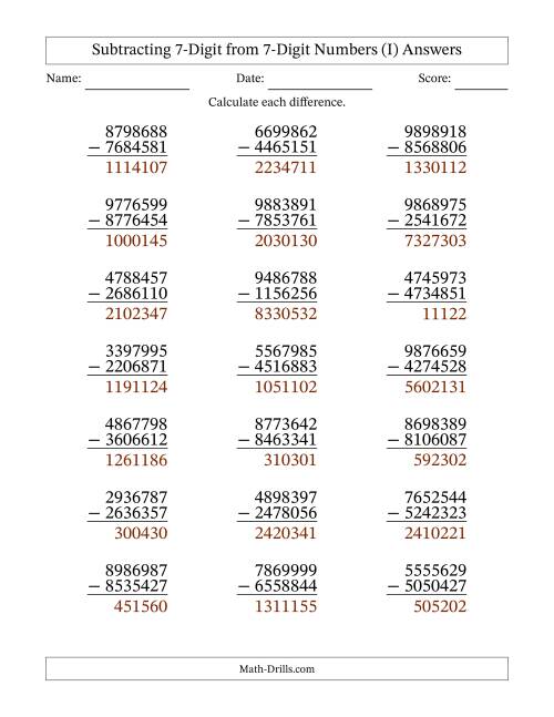 The Subtracting 7-Digit from 7-Digit Numbers With No Regrouping (21 Questions) (I) Math Worksheet Page 2