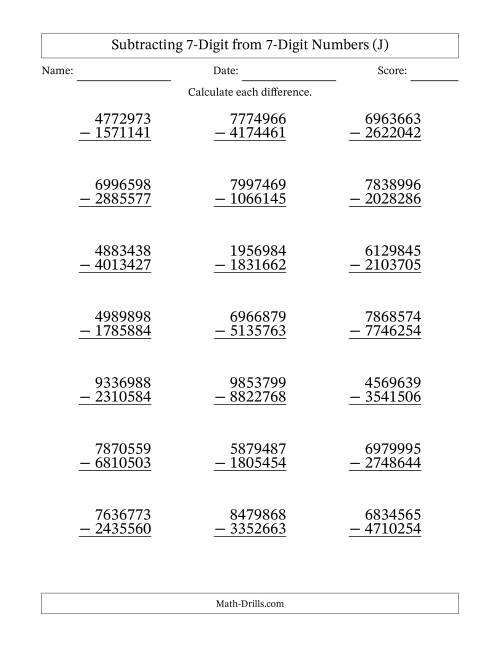 The Subtracting 7-Digit from 7-Digit Numbers With No Regrouping (21 Questions) (J) Math Worksheet