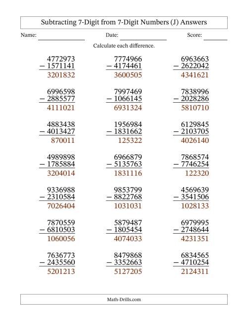 The Subtracting 7-Digit from 7-Digit Numbers With No Regrouping (21 Questions) (J) Math Worksheet Page 2