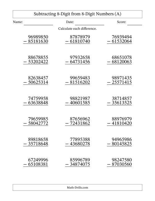 The 8-Digit Minus 8-Digit Subtraction with NO Regrouping (A) Math Worksheet