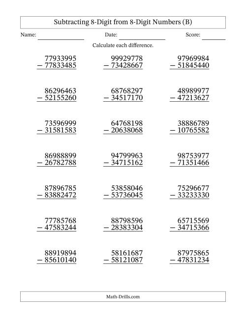 The Subtracting 8-Digit from 8-Digit Numbers With No Regrouping (21 Questions) (B) Math Worksheet