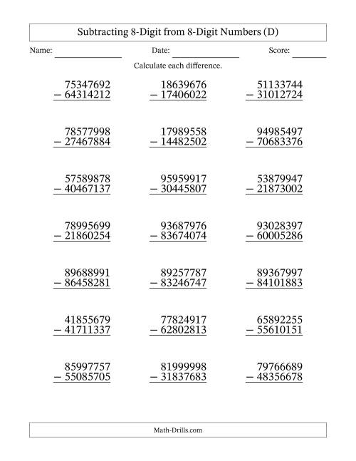 The Subtracting 8-Digit from 8-Digit Numbers With No Regrouping (21 Questions) (D) Math Worksheet