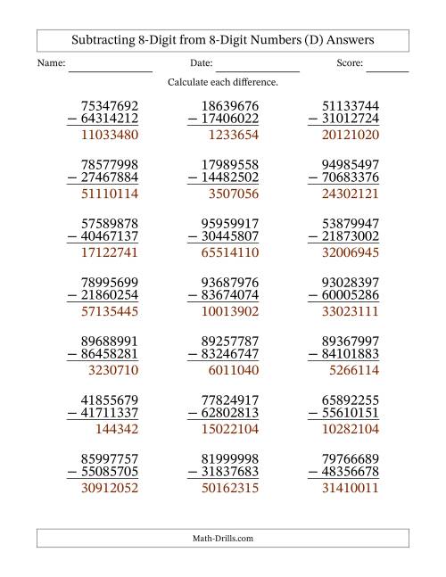 The Subtracting 8-Digit from 8-Digit Numbers With No Regrouping (21 Questions) (D) Math Worksheet Page 2